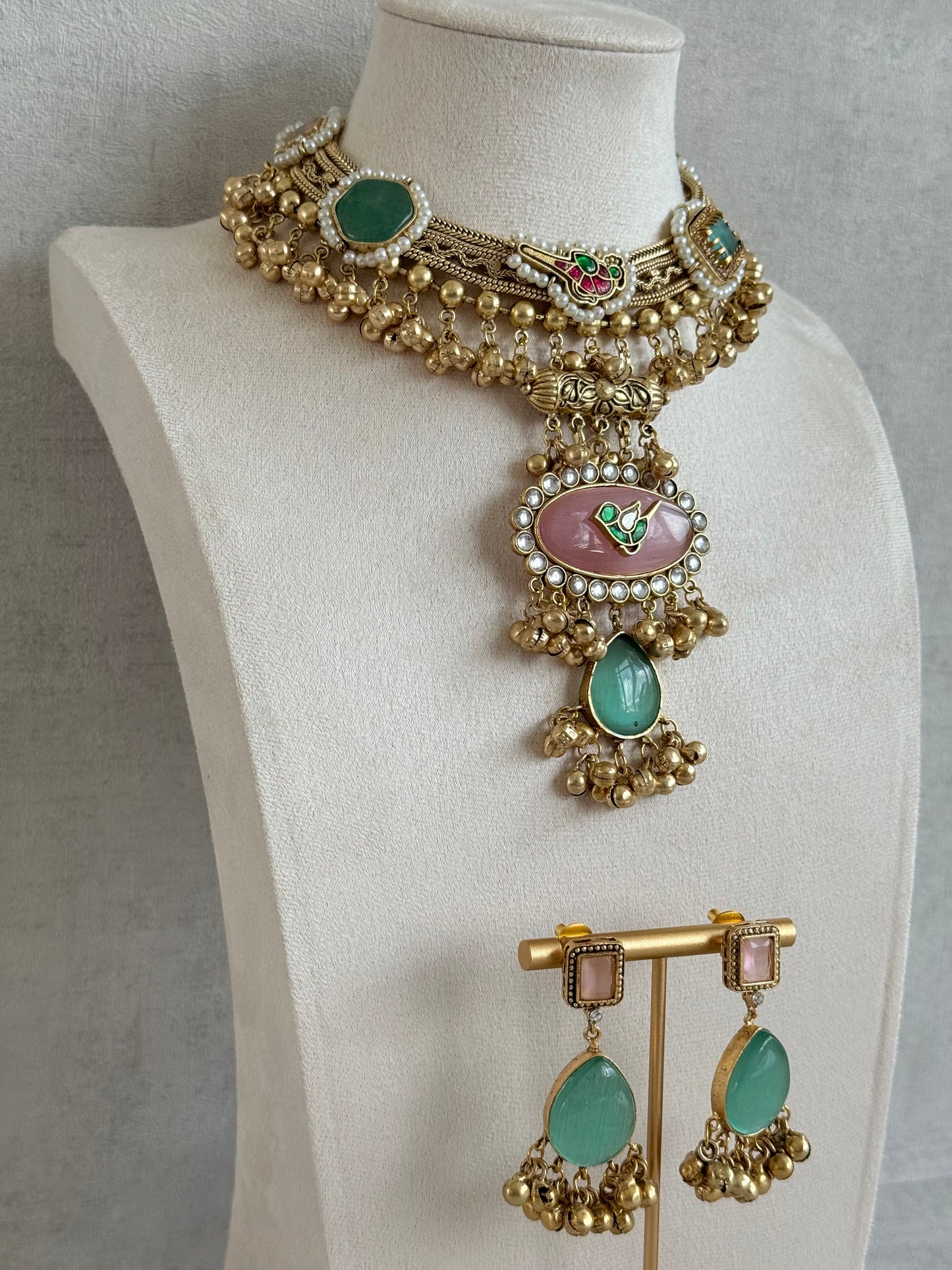 Ayura Designs Ahista Necklace Set with Earrings – Statement Pendant Necklace with Pink & Aqua Green Cat Eye Stones, Pearl Detailing & Ghungroo Accents