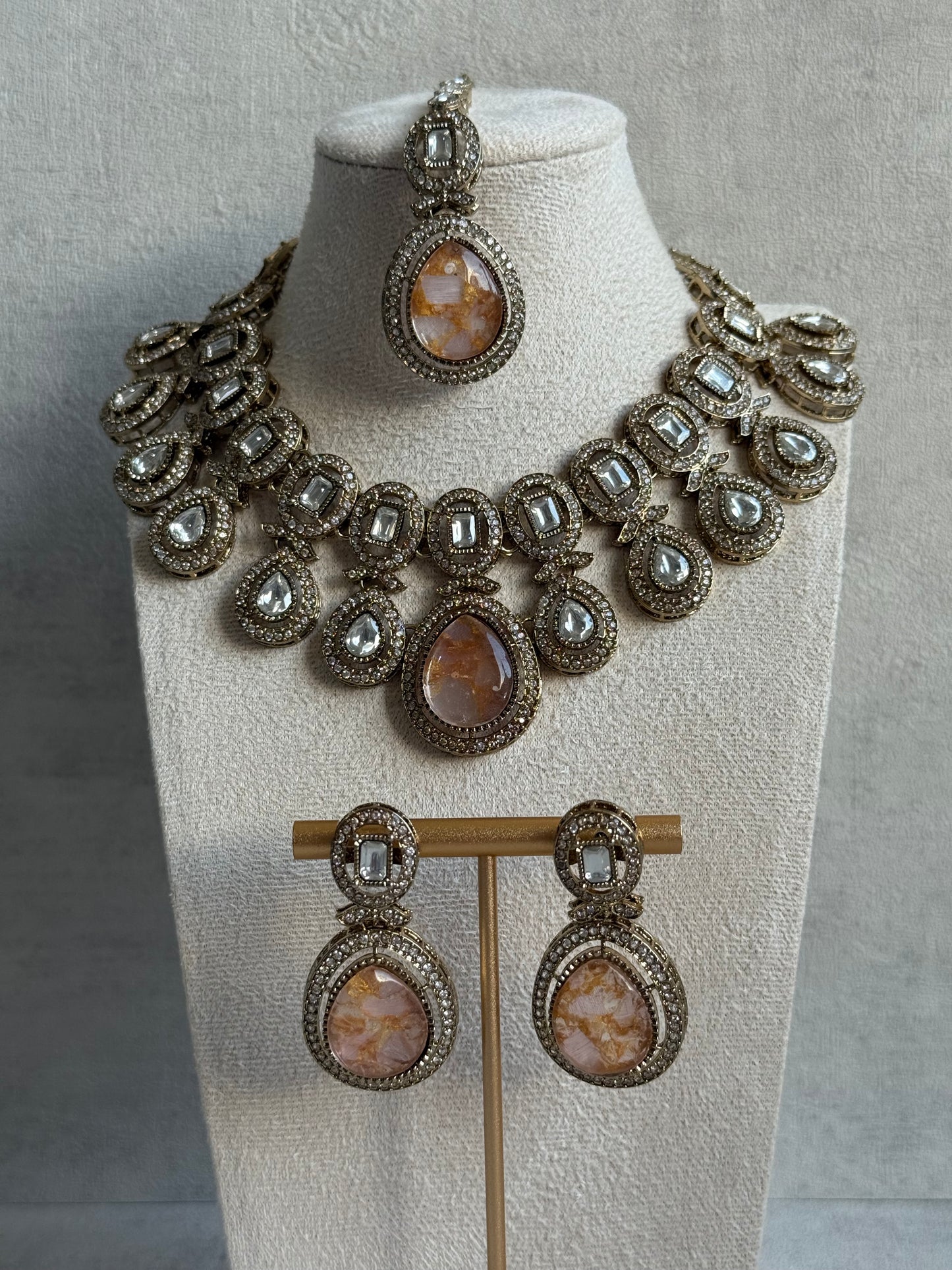 Ayura Designs Aurora Set with Earrings & Tikka – Peach & Ivory Stone with Mirror-Cut Accents in Antique Gold Finish