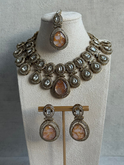 Ayura Designs Aurora Set with Earrings & Tikka – Peach & Ivory Stone with Mirror-Cut Accents in Antique Gold Finish