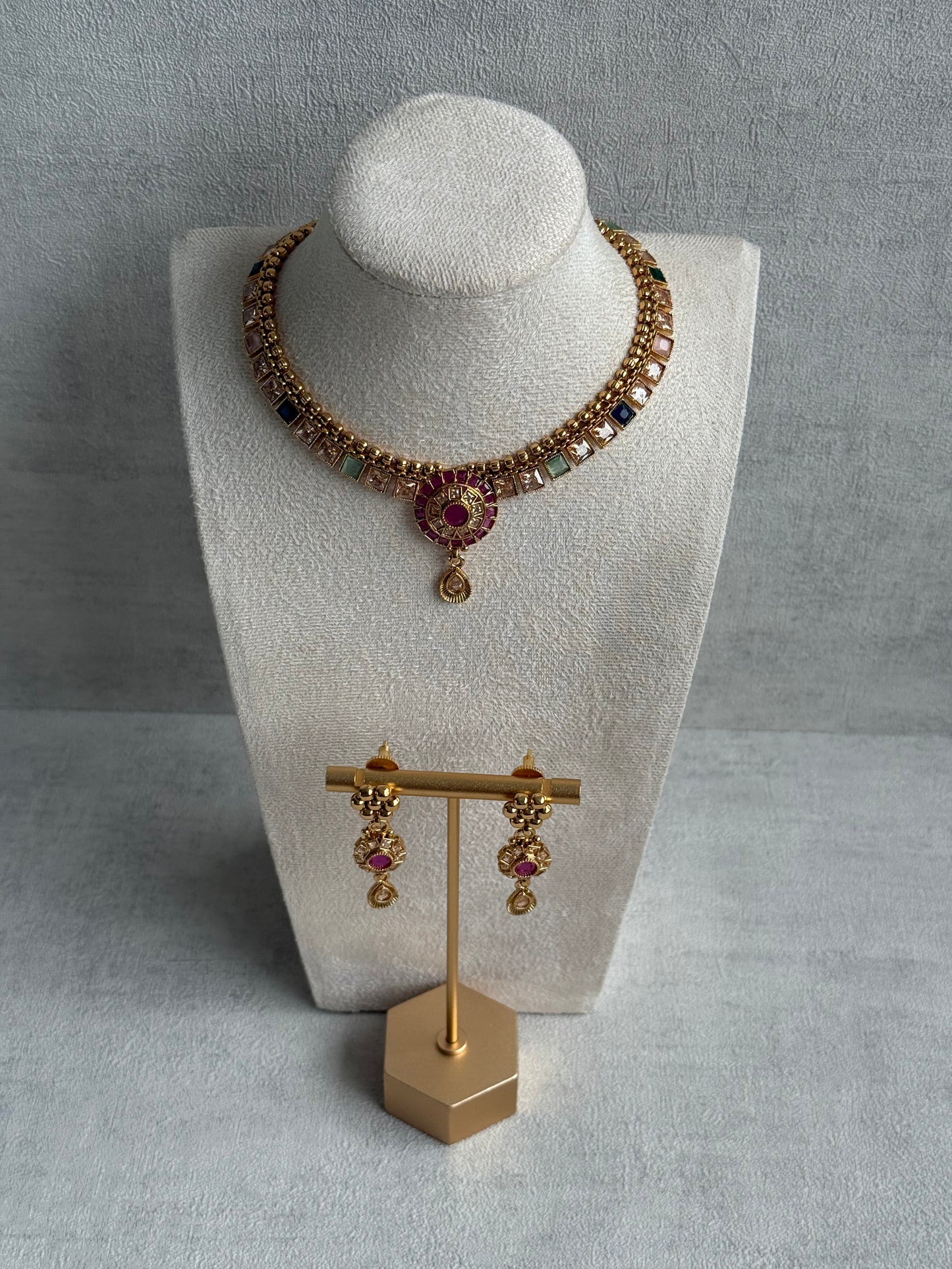 Ayura Designs Nithya Set – Gold Necklace & Earrings with Multicolour Stones and Ruby Centre