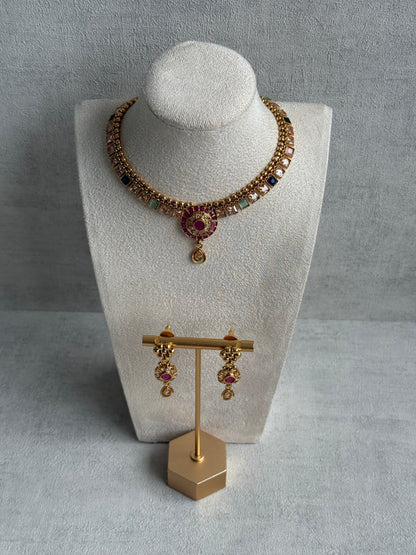 Ayura Designs Nithya Set – Gold Necklace & Earrings with Multicolour Stones and Ruby Centre