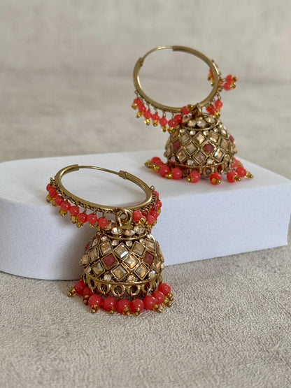 Ayura Designs Jugni Bali Jhumkas – Antique Gold with Coral Peach Beads