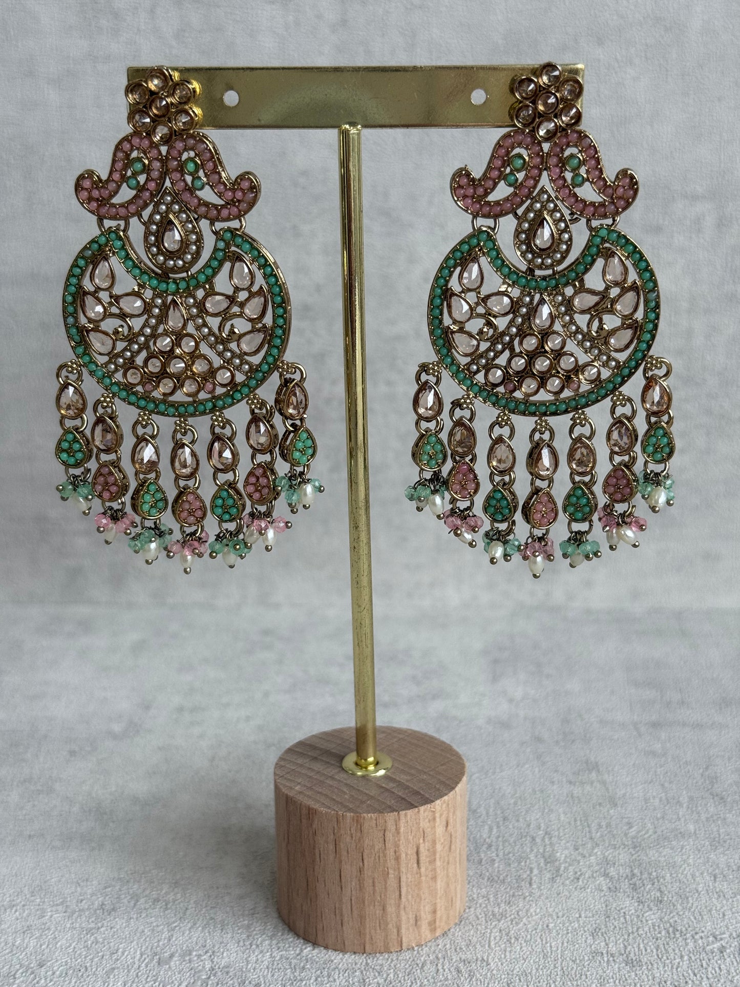 Ayura Designs Anvi Tikka Set with Earrings – Blush Pink & Mint Green with Champagne Stones & Pearl Drops