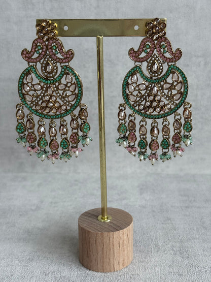 Ayura Designs Anvi Tikka Set with Earrings – Blush Pink & Mint Green with Champagne Stones & Pearl Drops