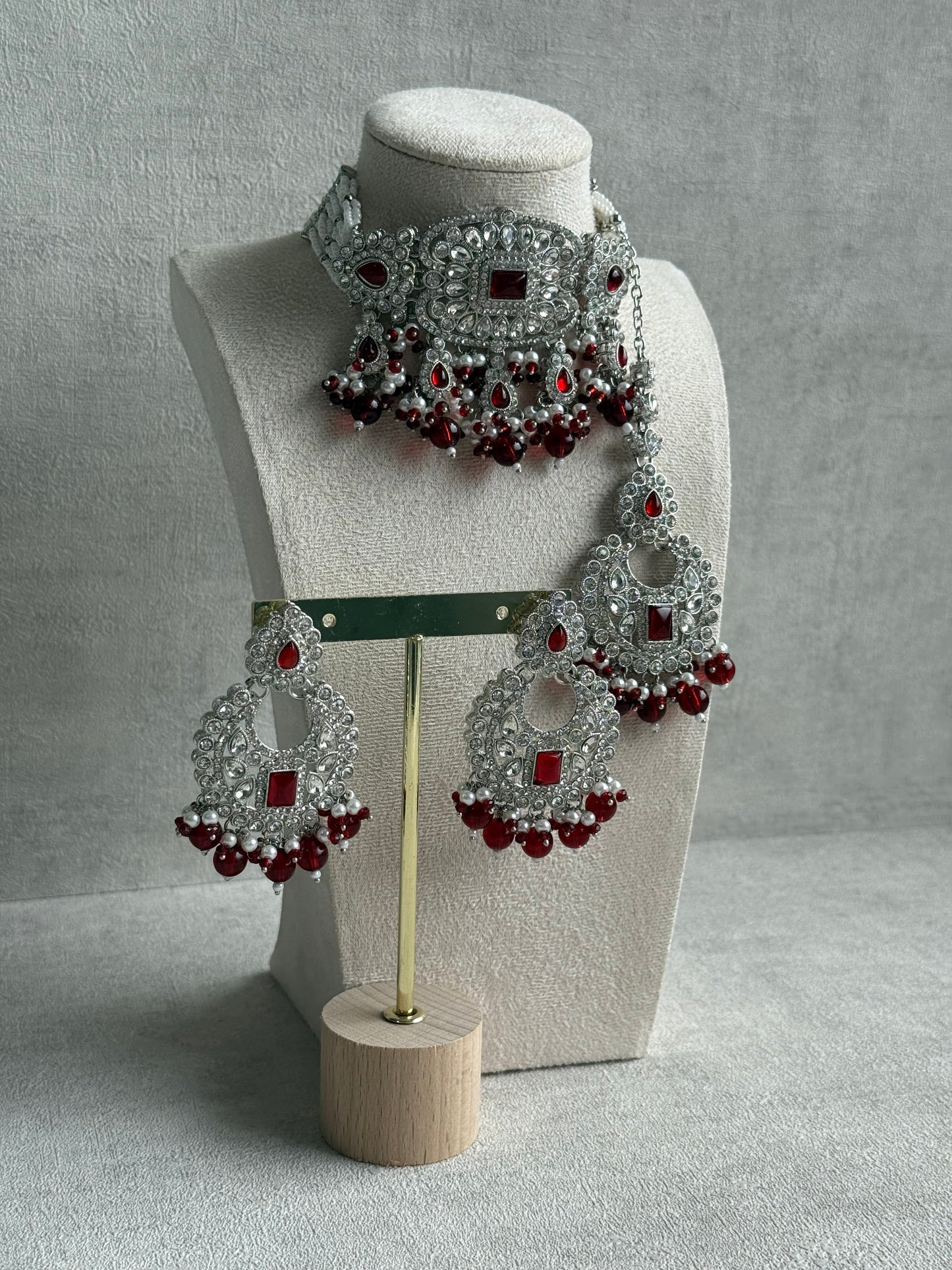 Ayura Designs Nandhini Set – Choker, Earrings & Tikka with Ruby Red Stones, Pearls & Silver Finish
