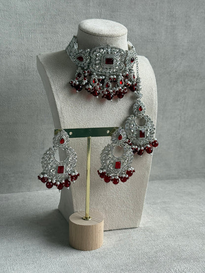 Ayura Designs Nandhini Set – Choker, Earrings & Tikka with Ruby Red Stones, Pearls & Silver Finish