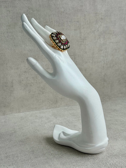 Ayura Designs Arzoo Adjustable Ring – Mirror-Cut Stone Centre with Ruby Pink Stones, Green Enamel & Crystal Detailing