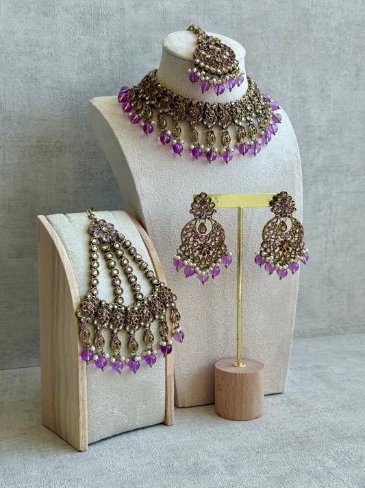 Ayura Designs Nehaat Set with Choker, Earrings, Tikka & Passa – Antique Gold with Lavender Beads, Pearls & Kundan Detailing