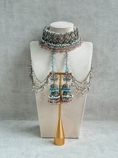 Ayura Designs Arasi Set with Choker, Passa, Tikka & Sahare Jhumkis – Antique Silver with Blush Pink Crystals, Aqua Blue Beads & Ivory Pearls