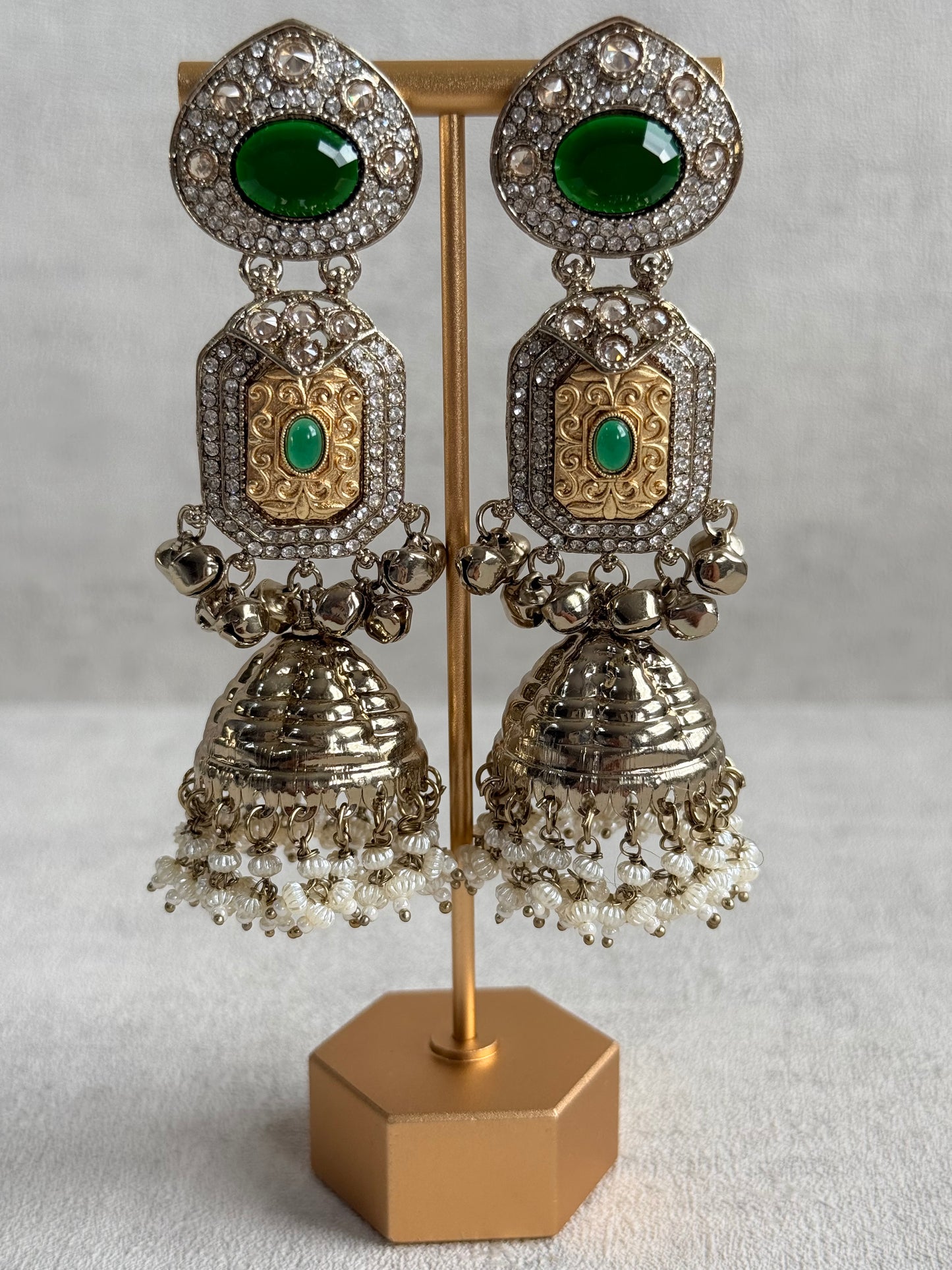 Ayura Designs Maara Jhumkis – Champagne Gold with Emerald Green Stones, Crystals, Ghungroos & Pearl Detailing