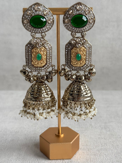 Ayura Designs Maara Jhumkis – Champagne Gold with Emerald Green Stones, Crystals, Ghungroos & Pearl Detailing