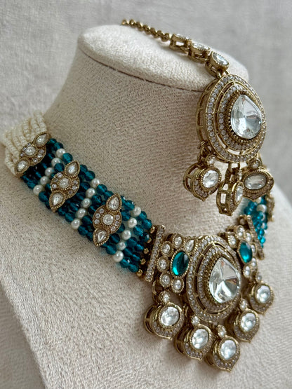 Ayura Designs Rahi Necklace Set with Earrings & Tikka – Teal Blue Stones with Mirror-Cut Detailing & Pearl Strands