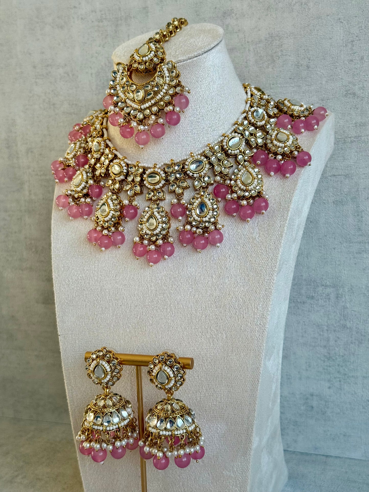 Ayura Designs Iyla Set with Necklace, Earrings & Tikka – Kundan Detailing, Ivory Pearl Drops & Soft Pink Beads