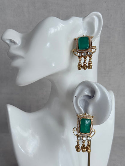 Ayura Designs Aleena Earrings – Emerald Green Stone Stud Earrings with Pearls & Ghungroo Detailing