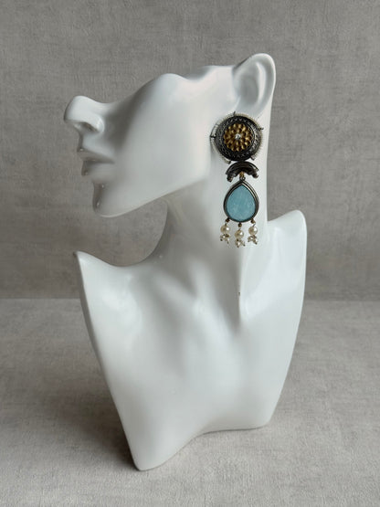 Ayura Designs Nazm Earrings – Dual Tone Oxidised Statement Earrings with Aqua Blue Stones & Pearl Clusters