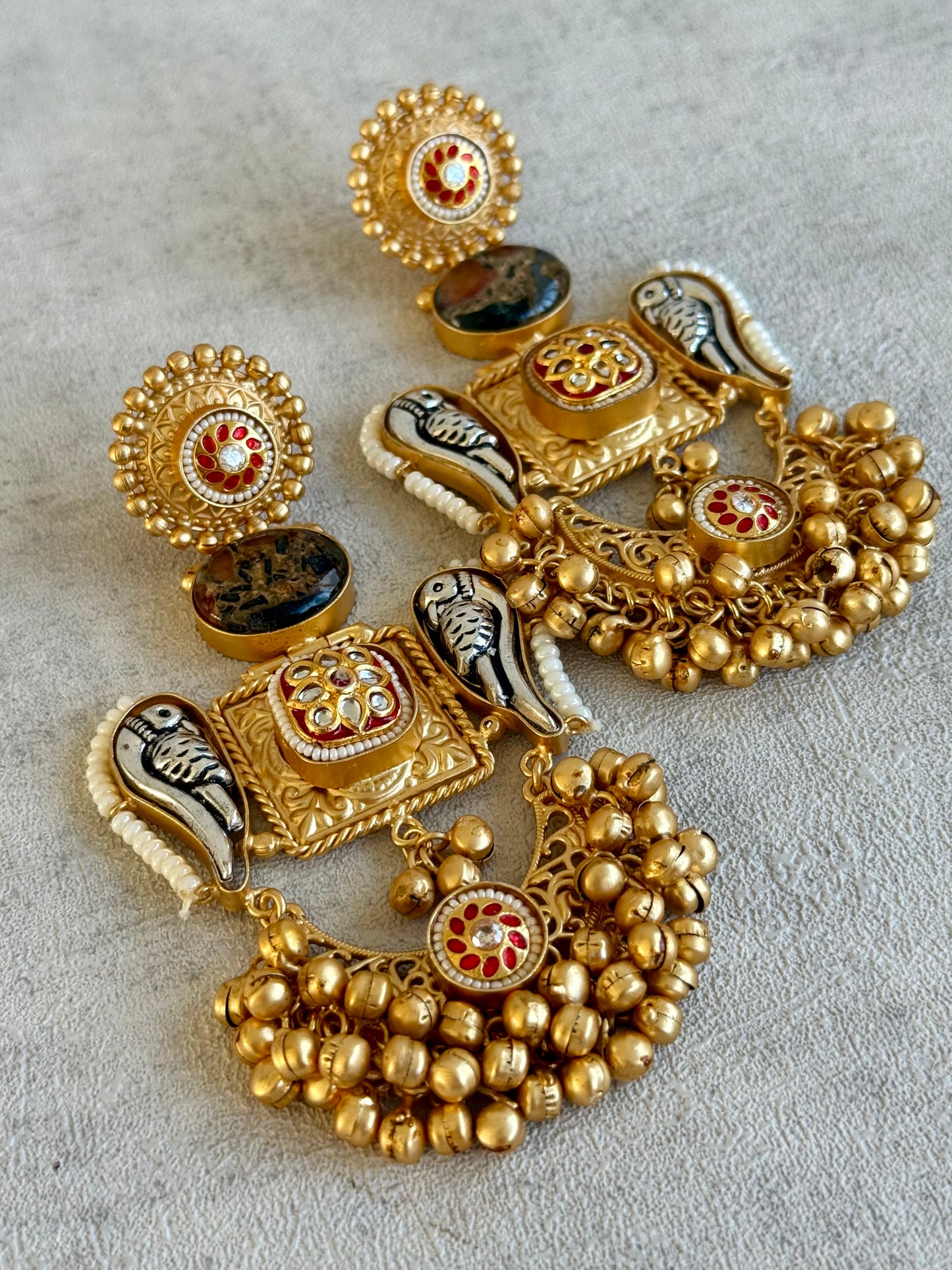 Ayura Designs Soha Earrings – Antique Gold with Smoky Amber Stone & Oxidised Parrots