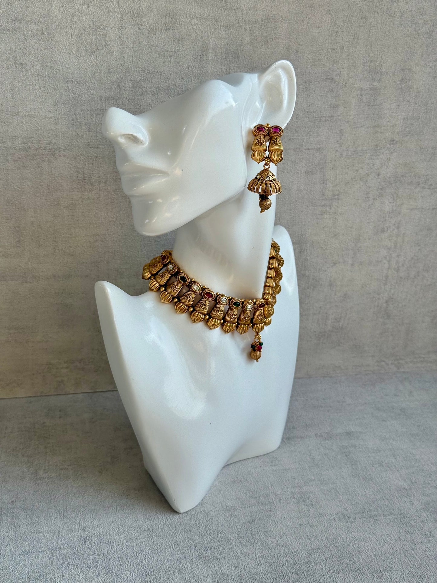 Ayura Designs Aima Necklace Set with Earrings – Antique Gold with Rani Pink & Emerald Green Stones