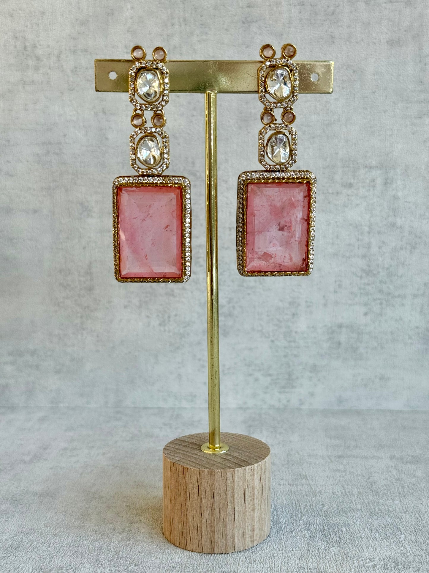 Ayura Designs Clara Set with Earrings and Tikka – Rose Quartz Pink Stones with Moissanite and Antique Gold Finish