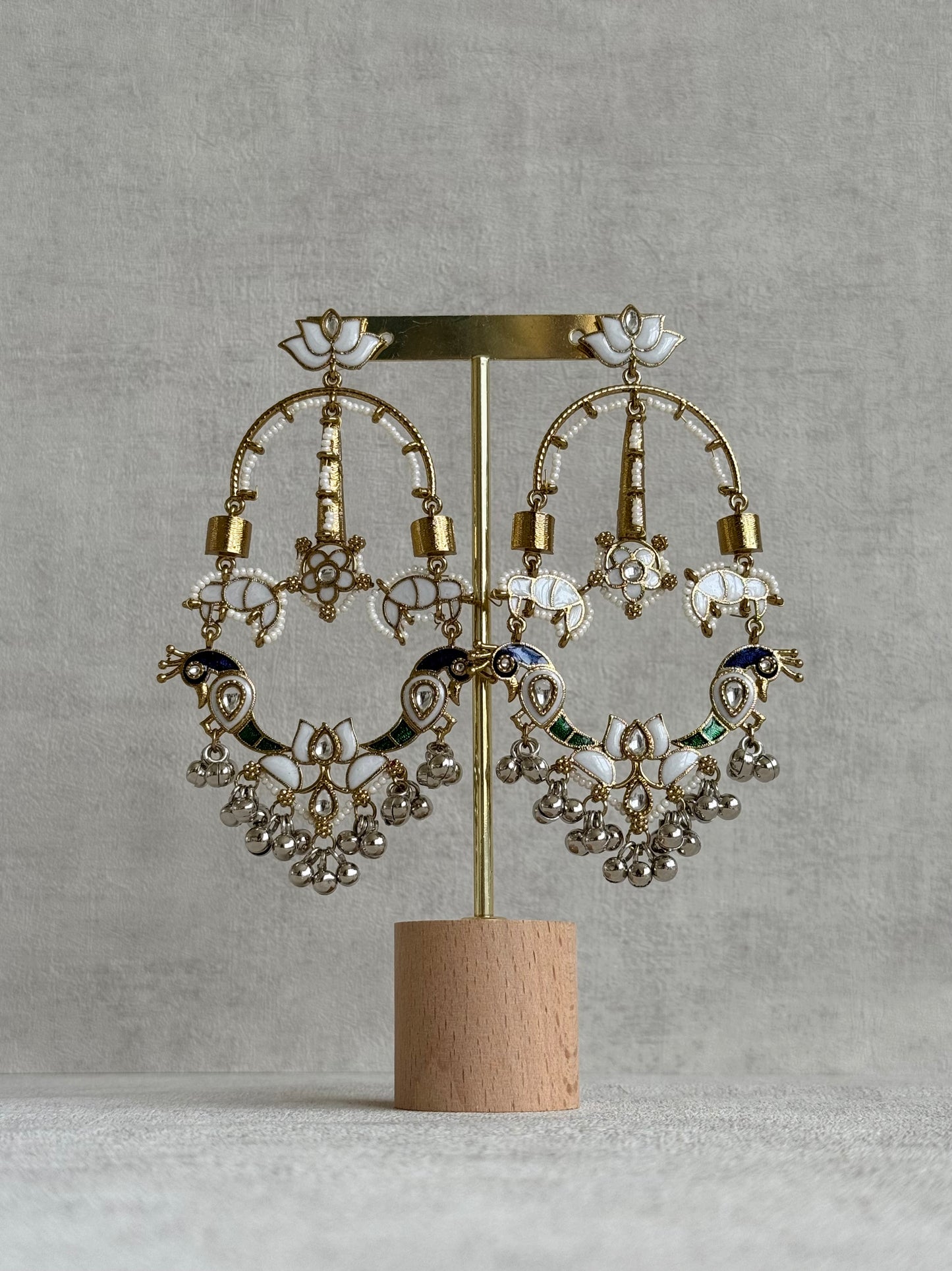 Ayura Designs Zoonpari Earrings – Ivory Pearl, Blue & Green Meenakari Peacock Chandeliers in Dual Tone with Ghungroos