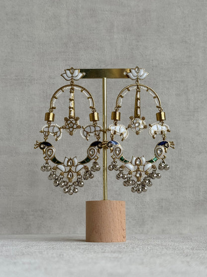 Ayura Designs Zoonpari Earrings – Ivory Pearl, Blue & Green Meenakari Peacock Chandeliers in Dual Tone with Ghungroos