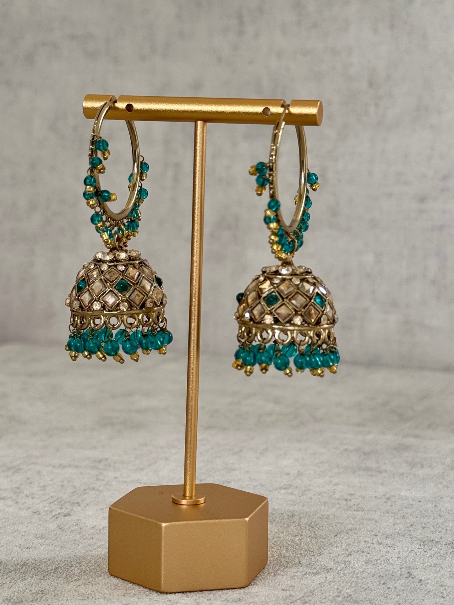 Ayura Designs Jugni Bali Jhumkas – Antique Gold with Teal Green Beads