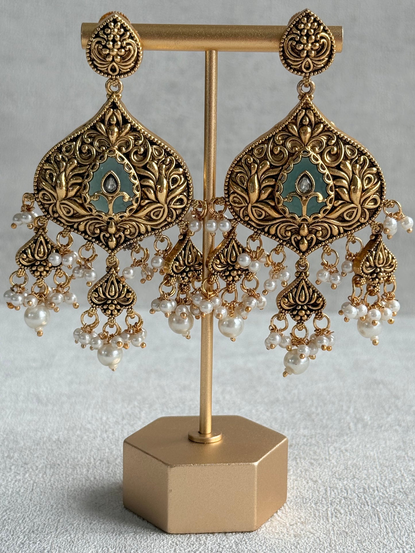 Ayura Designs Afia Necklace Set with Earrings & Tikka – Antique Gold, Ivory Pearls, Green Centre Stone & Peacock Motifs