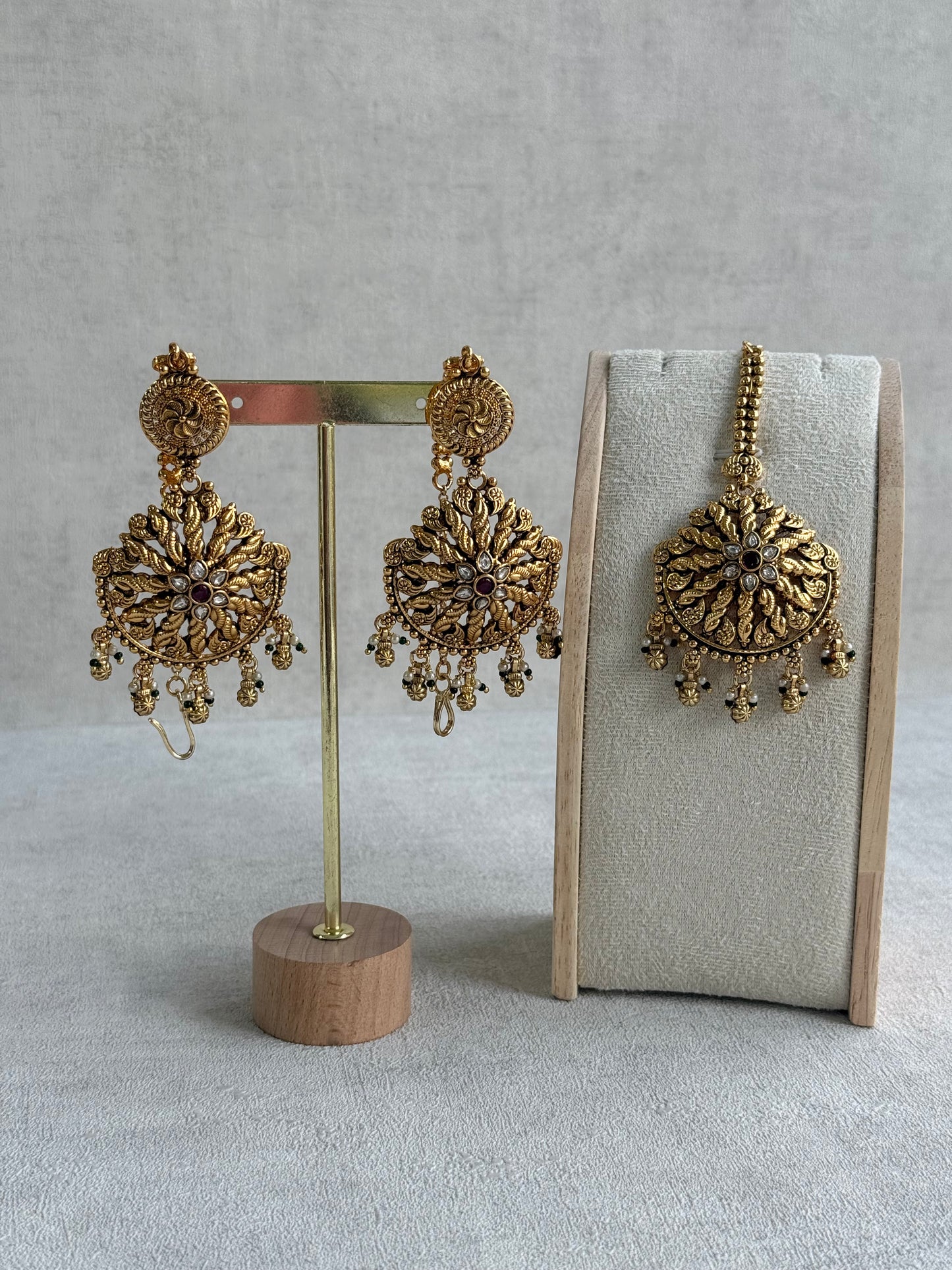 Ayura Designs Survi Tikka Set with Sahare Earrings – Antique Gold with Kundan, Pink Stones, Ivory & Green Beads