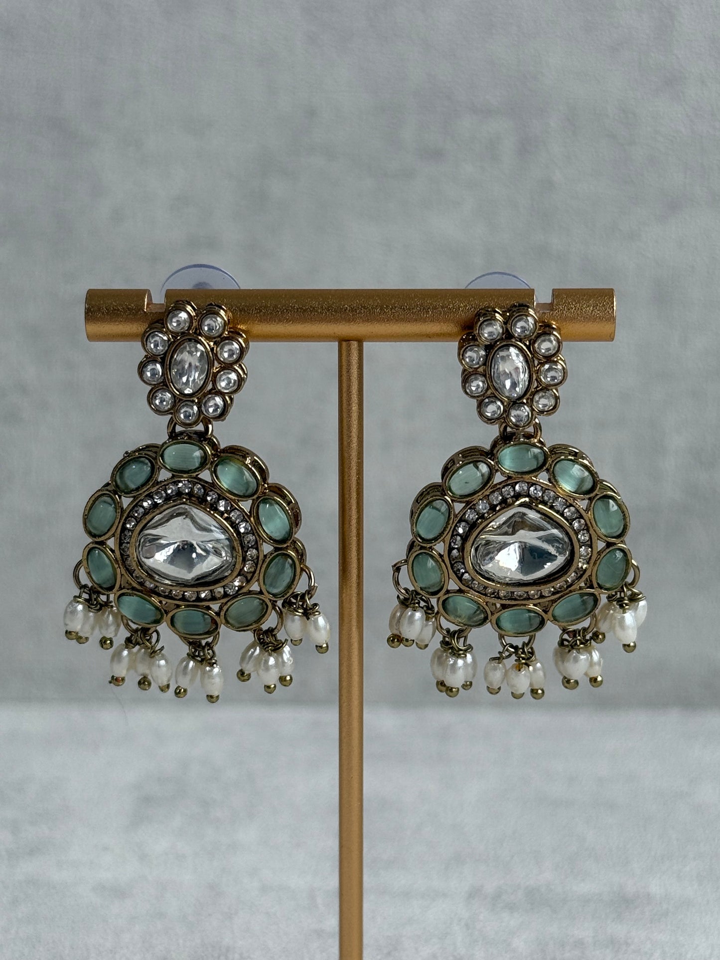 Ayura Designs Warda Set with Earrings & Tikka – Pistachio Green Ovals, Mirror-Cut Stones & Ivory Pearls