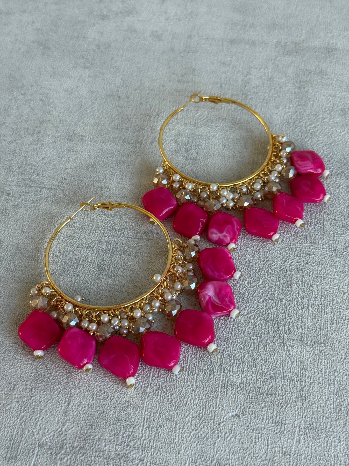 Ayura Designs Heer Balis – Gold Hoops with Hot Pink Marble Beads, Pearls & Crystal Detailing