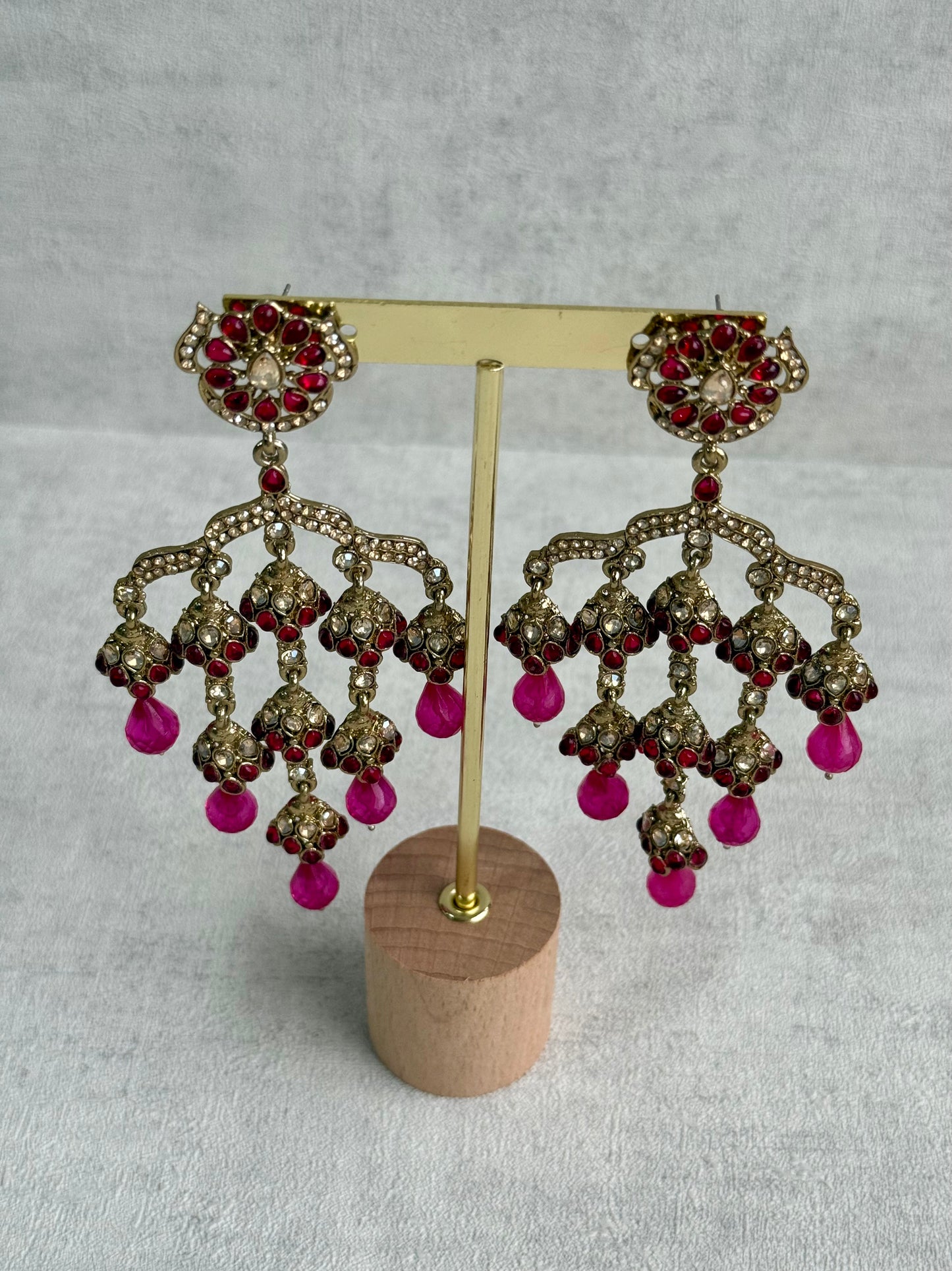 Ayura Designs Jasmine Earrings – Chandelier Earrings with Fuchsia Beads & Antique Gold Detailing