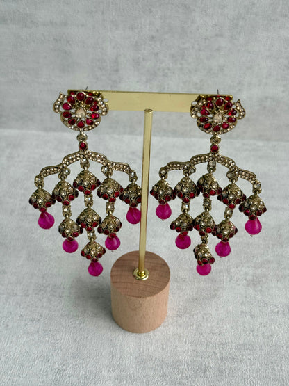 Ayura Designs Jasmine Earrings – Chandelier Earrings with Fuchsia Beads & Antique Gold Detailing