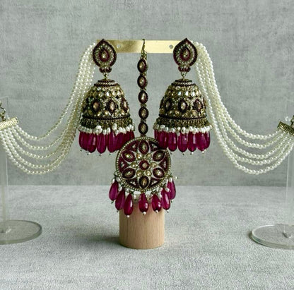 Ayura Designs Amrita Set – Jhumkis with Sahare & Tikka in Magenta, Pearls and Antique Gold Finish