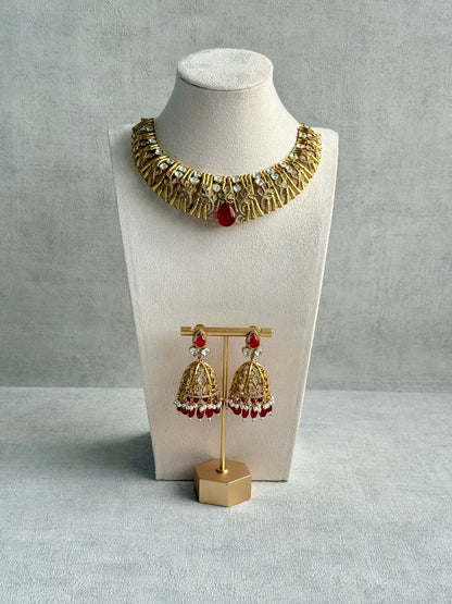 Ayura Designs Rami Collar Set with Jhumkis – Sculpted Gold Collar with Ruby Red Stone and Crystal Detailing