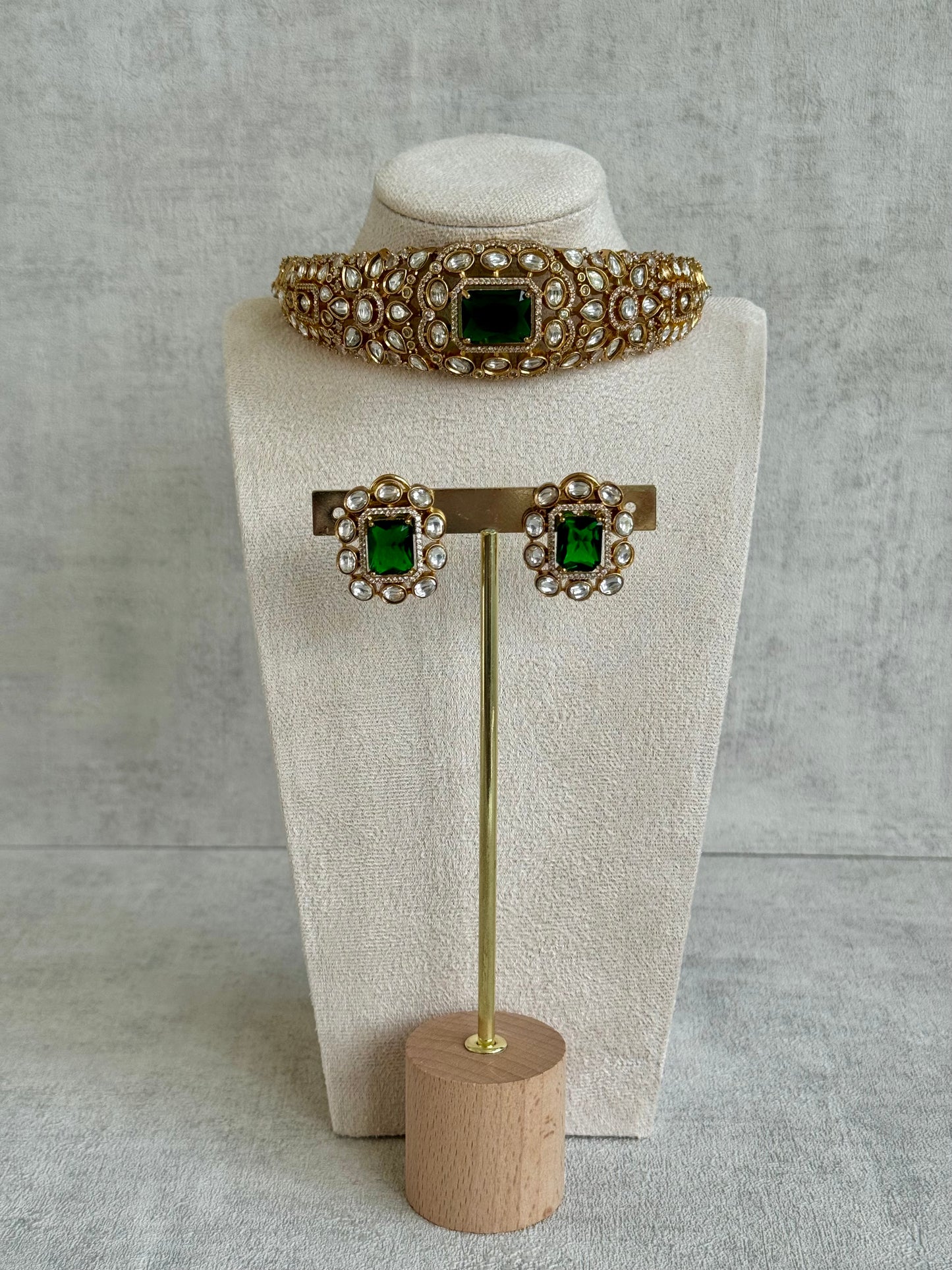 Ayura Designs Akasha Choker Set with Stud Earrings – Emerald Green Moissanite Stones & Antique Gold Finish