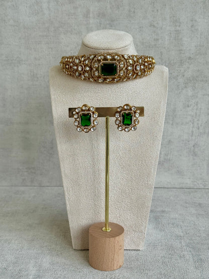 Ayura Designs Akasha Choker Set with Stud Earrings – Emerald Green Moissanite Stones & Antique Gold Finish