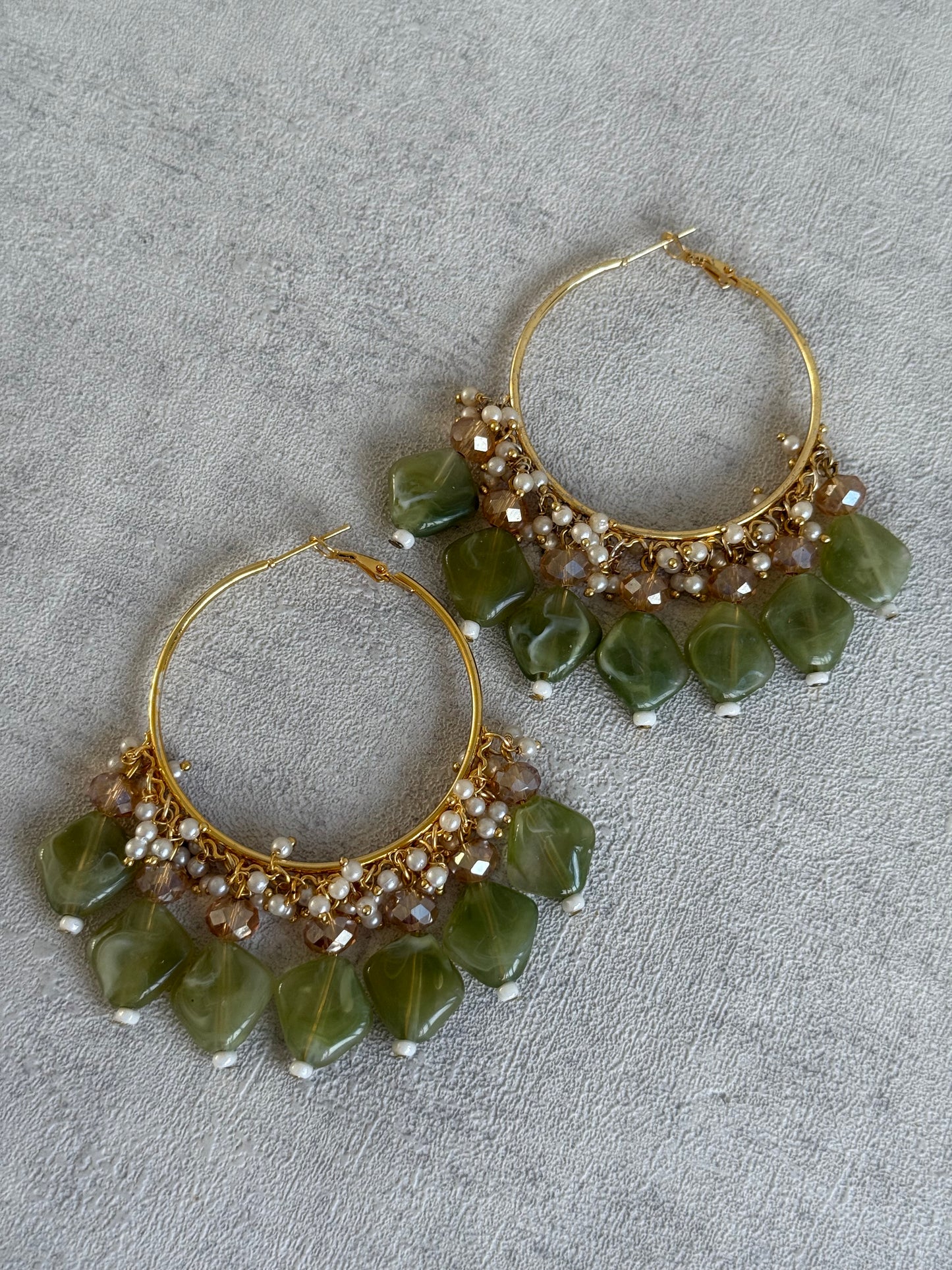 Ayura Designs Heer Balis – Gold Hoops with Olive Marble Beads, Pearls & Crystal Detailing
