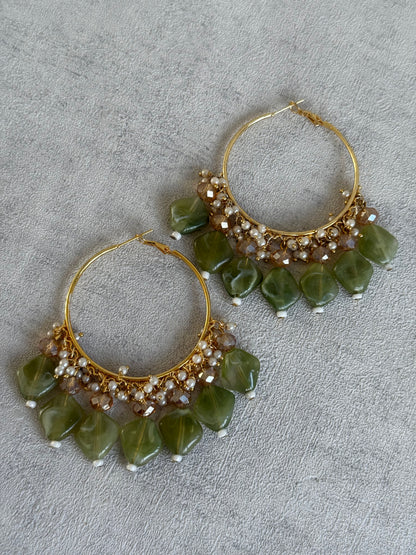 Ayura Designs Heer Balis – Gold Hoops with Olive Marble Beads, Pearls & Crystal Detailing