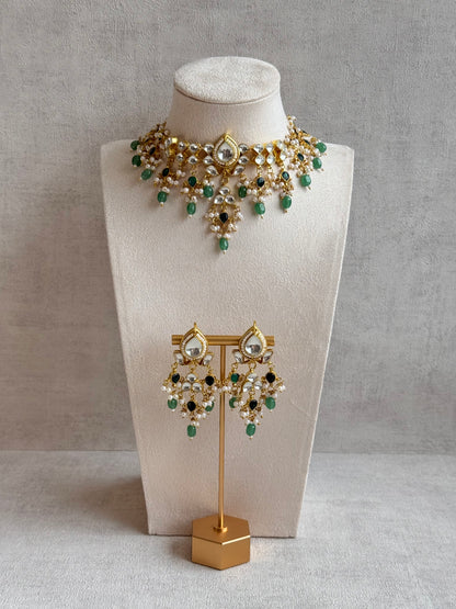 Ayura Designs Naksh Kundan Choker Set with Earrings & Emerald Green Bead Detailing