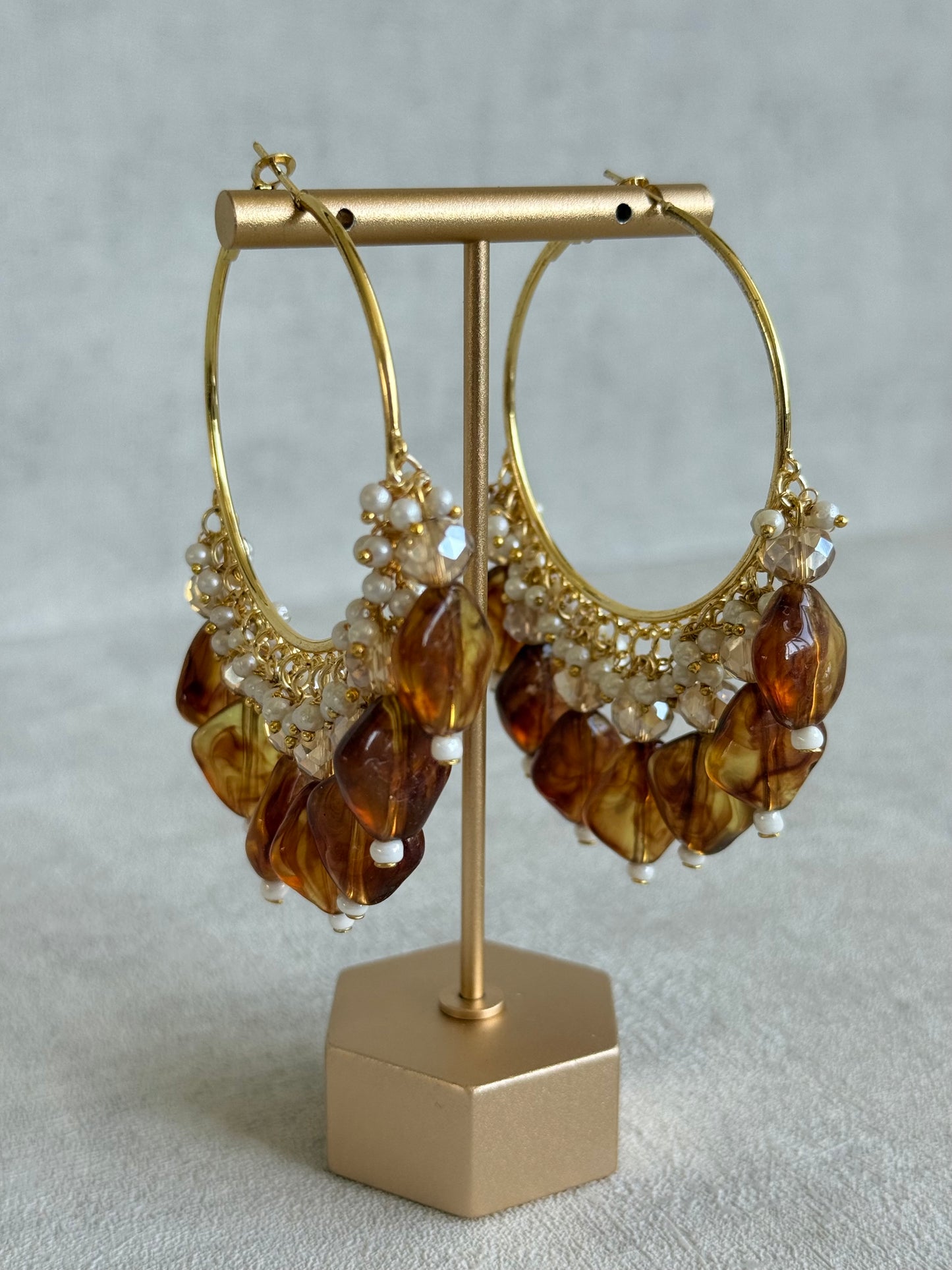 Ayura Designs Heer Balis – Gold Hoops with Smokey Amber Marble Beads, Pearls & Crystal Detailing