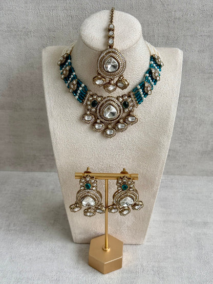 Ayura Designs Rahi Necklace Set with Earrings & Tikka – Teal Blue Stones with Mirror-Cut Detailing & Pearl Strands