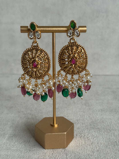 Ayura Designs Tanveer Choker Set with Earrings & Tikka – Antique Gold with Mirror-Cut Stones, Ruby & Emerald Beads