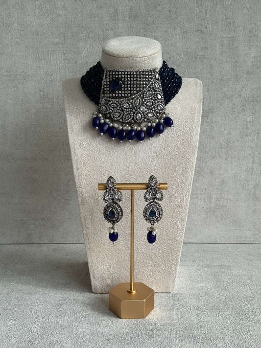 Ayura Designs Summer Choker Set with Earrings – Midnight Blue Beads & Oxidised Silver Finish