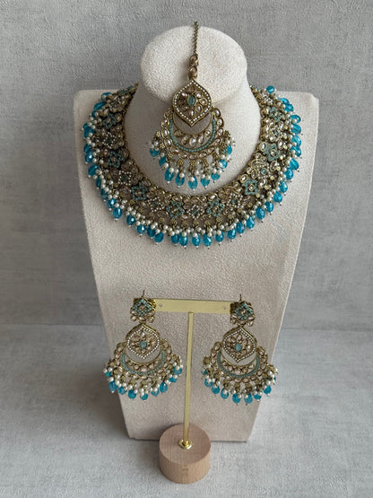 Ayura Designs Azka Set – Necklace, Earrings & Tikka with Turquoise Blue Beads, Ivory Pearls & Champagne Gold Finish