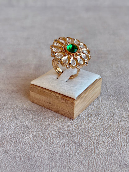 Ayura Designs Luisa Adjustable Ring – Emerald Green Centre Stone with Crystal Petal Detailing
