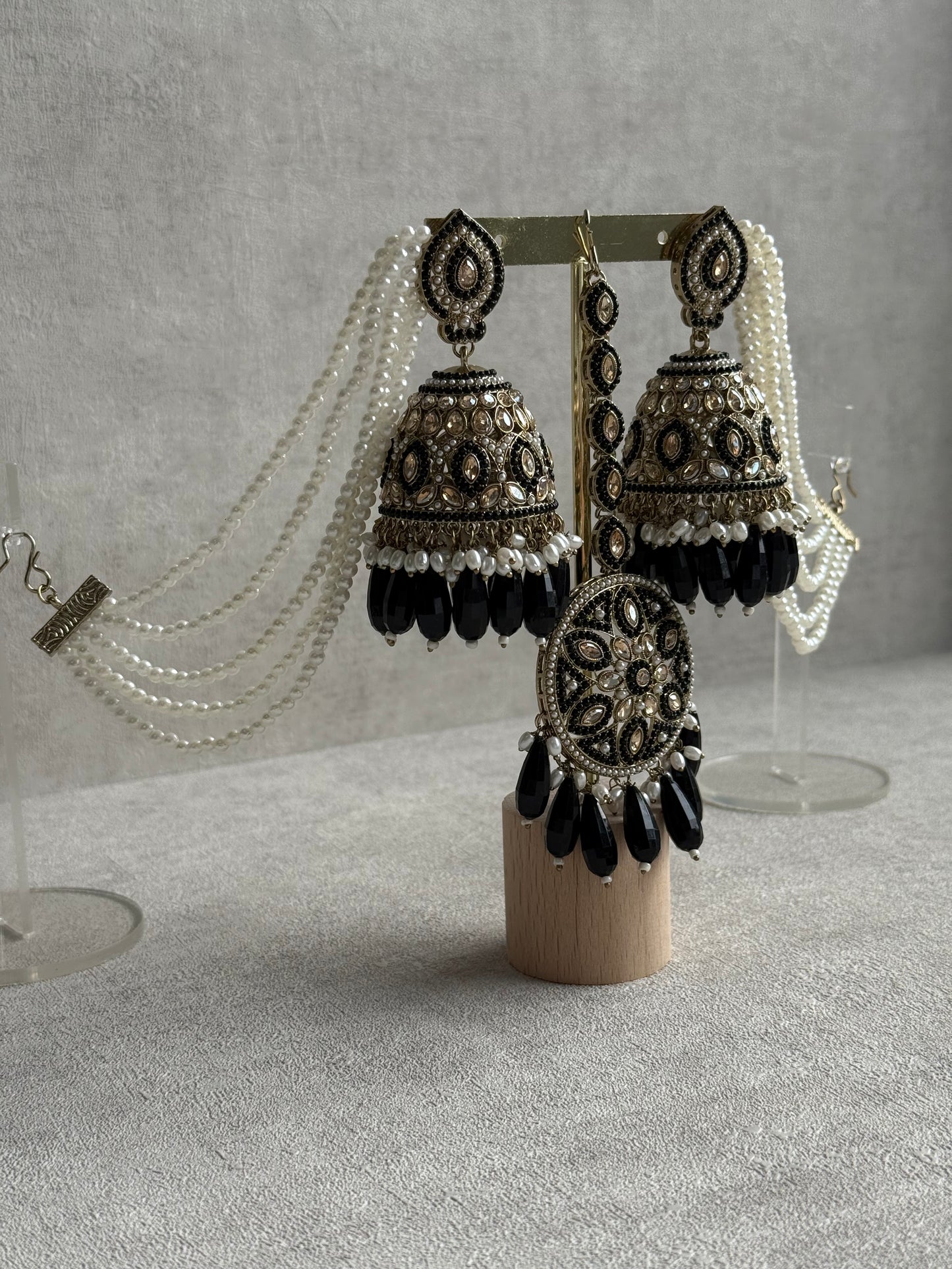 Ayura Designs Amrita Set – Jhumkis with Sahare & Tikka in Black, Pearls and Antique Gold Finish