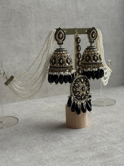 Ayura Designs Amrita Set – Jhumkis with Sahare & Tikka in Black, Pearls and Antique Gold Finish
