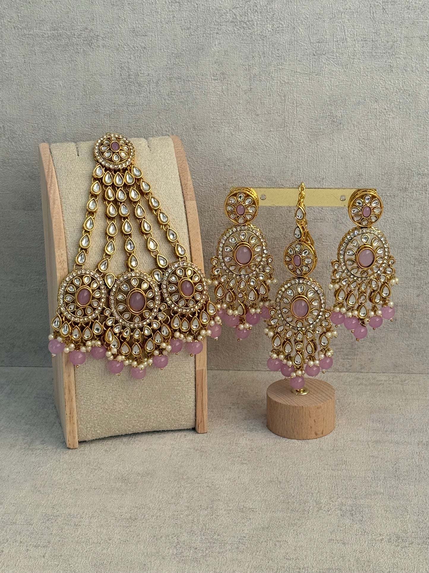 Ayura Designs Zara Set with Necklace, Earrings, Tikka & Passa – Antique Gold with Kundan Detailing & Lilac Stones & Beads