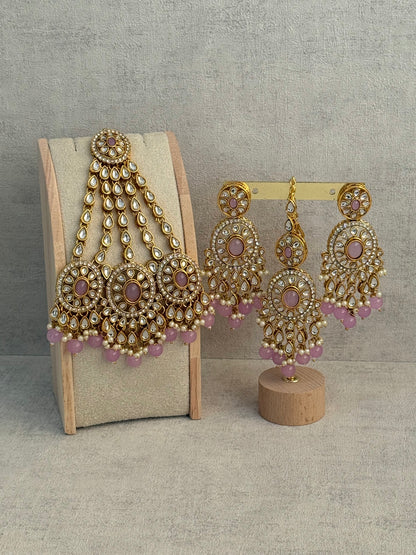 Ayura Designs Zara Set with Necklace, Earrings, Tikka & Passa – Antique Gold with Kundan Detailing & Lilac Stones & Beads