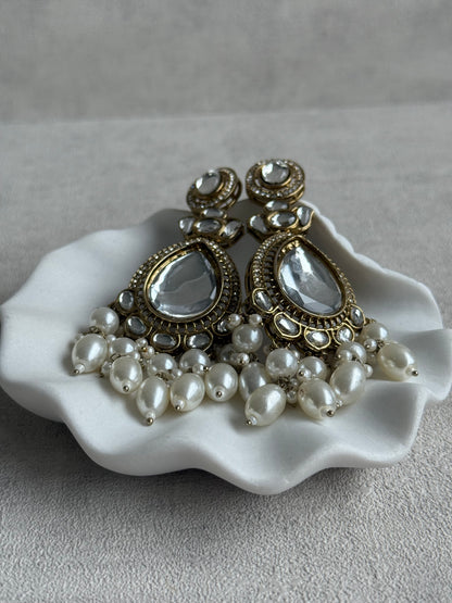 Ayura Designs Nageen Earrings – Antique Gold Jhumkis with Mirror-Cut Stones & Ivory Pearl Drops