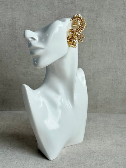 Ayura Designs Megha Half Ear Cuff Earrings – Gold Peacock Motif with Kundan Crystals, Pink Stone Accents & Pearl Jhumka Drops